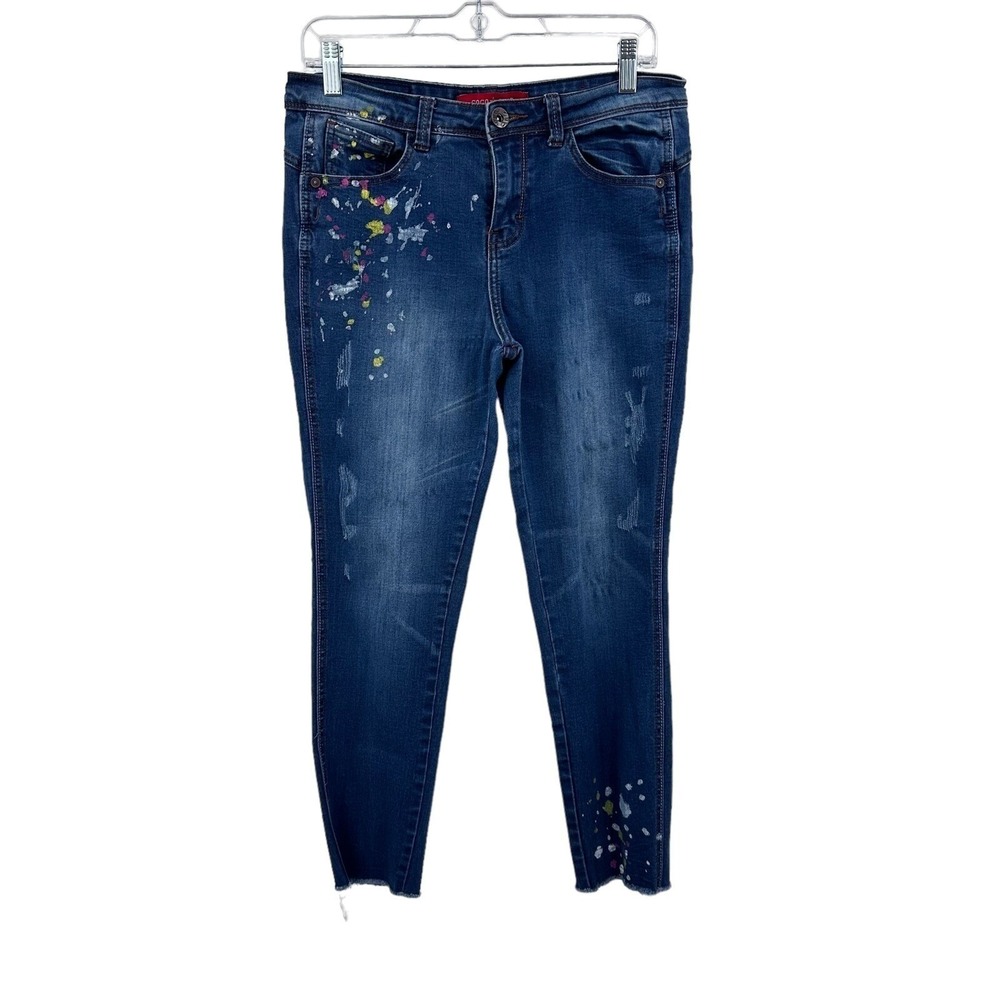 Gogo Star Paint Splatter Skinny Jeans Medium Wash Distressed Comfy Women Size 9